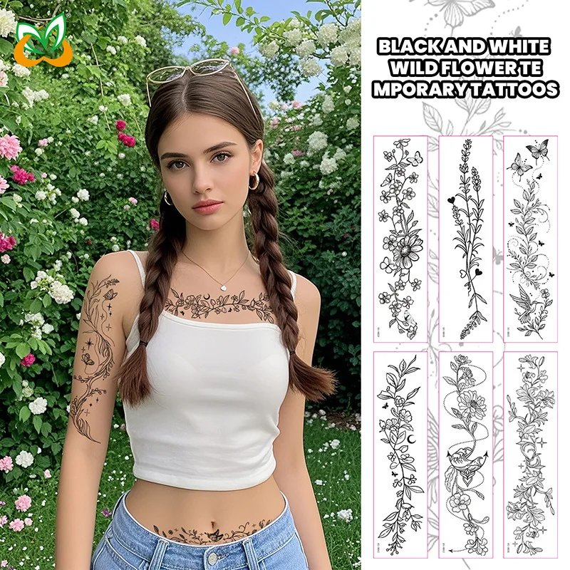 

New flower arm tattoo sticker collarbone chest black and white flower waterproof Temporary tattoo stickers