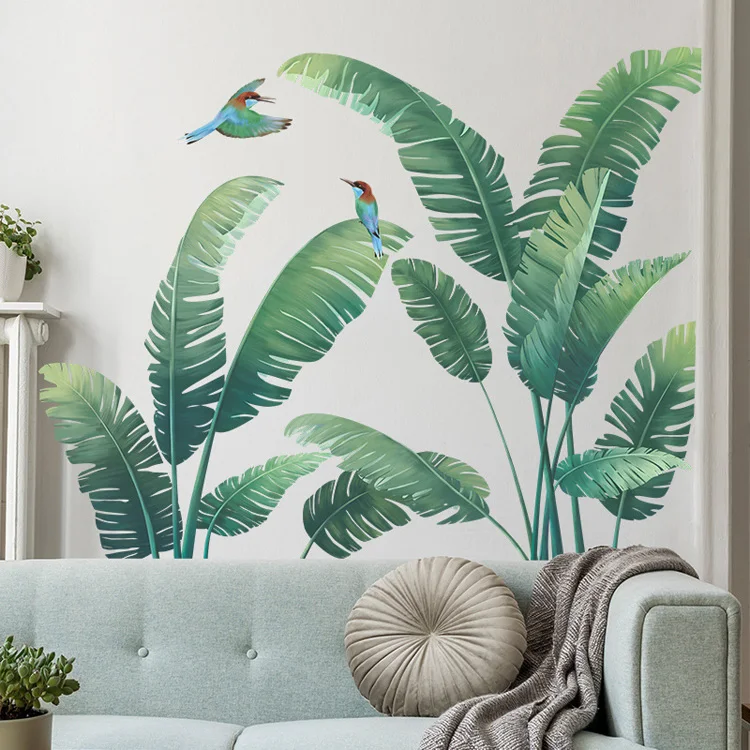 Tropische grüne Pflanzen, Vögel, Wandaufkleber für Wohnzimmer, Sofa, Hintergrunddekoration, Wandbild, Schlafzimmerdekoration, selbstklebende Tapete – Detail 2