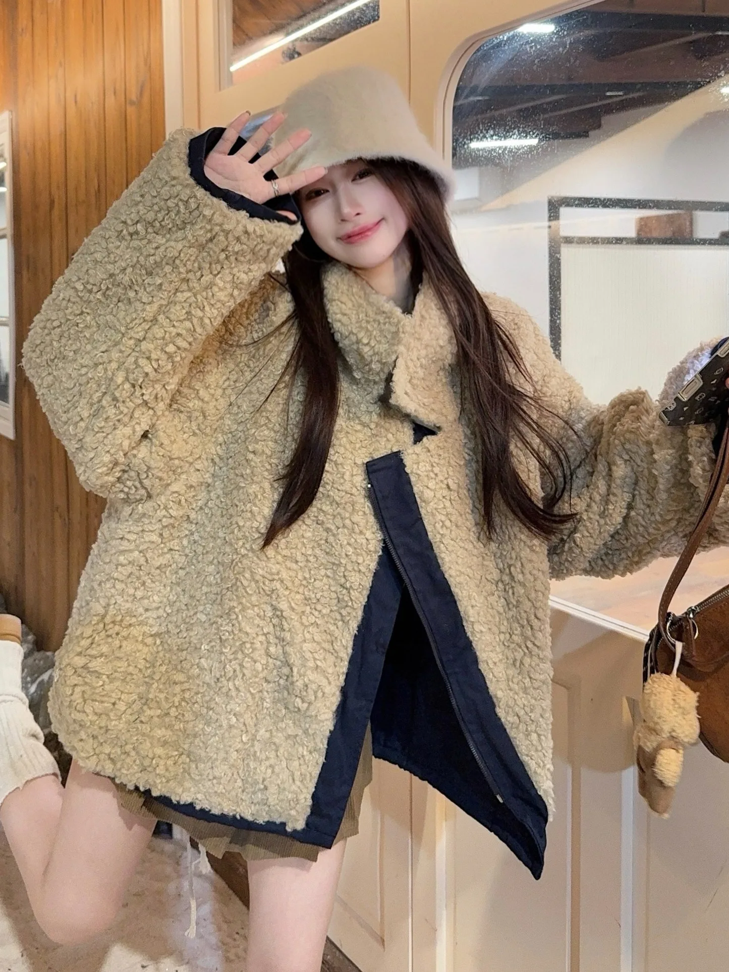 

Faionable Double-Sided Wear Lamb Fur Jaet Motorcycle Clothes Comfortable Soft ort Outerwear Trendy High-Rise Slimming