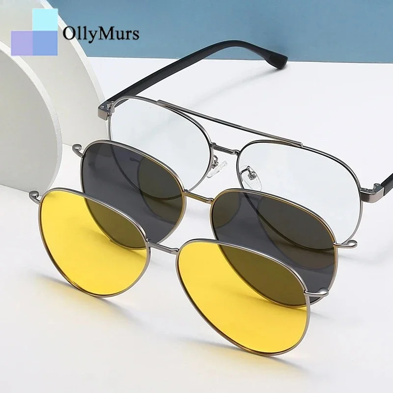 

OLLYMURS Men's Pilot Polarized Magnetic Clip-On Glasses Retro Big Size UV400 Optical Prescription Eyeglasses Frame Women 8618