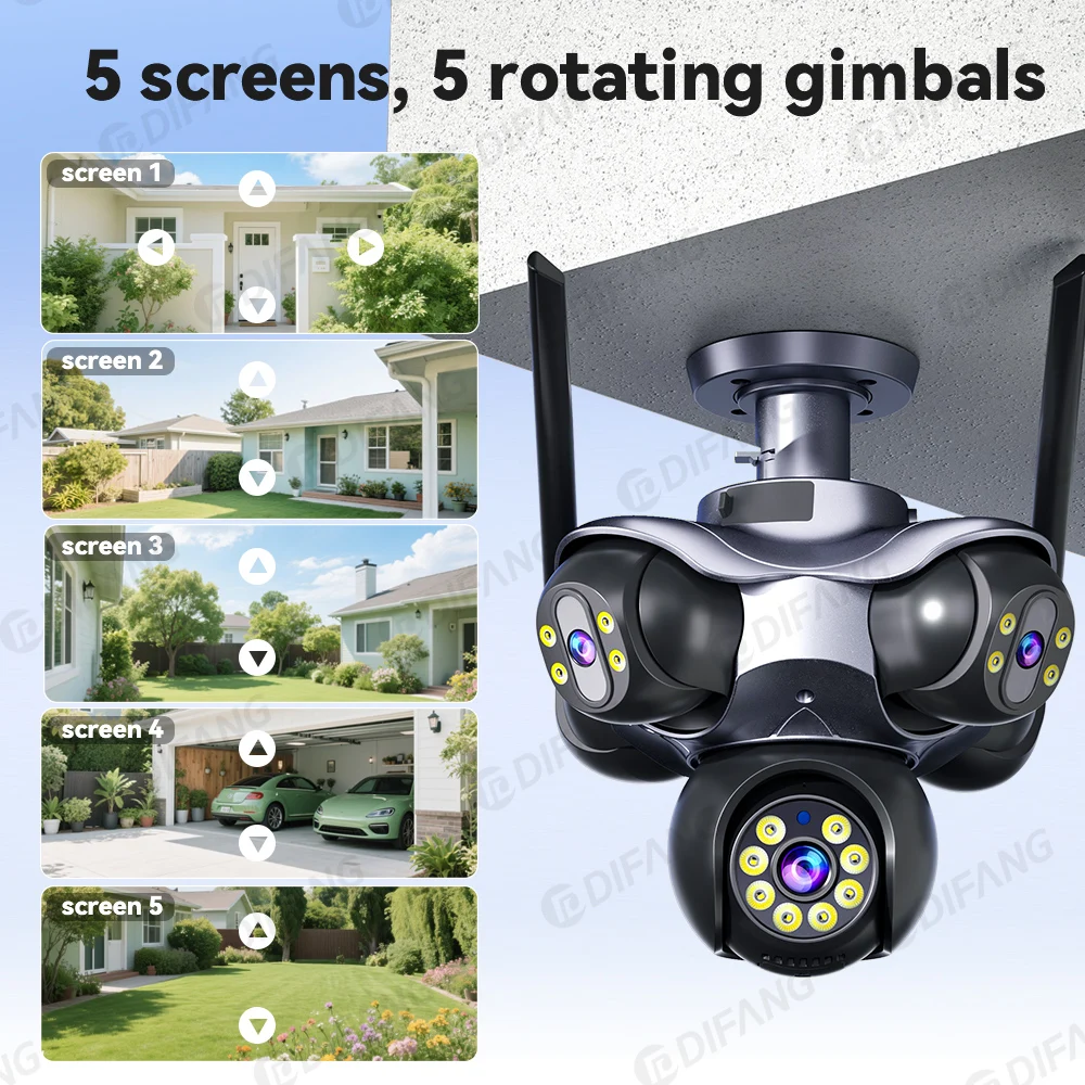 

New 5 Screen 5 Lens WiFi Security Camera Panoramic Security Camera Outdoor Waterproof 25MP Surveillance PTZ 360° Street Cam cctv
