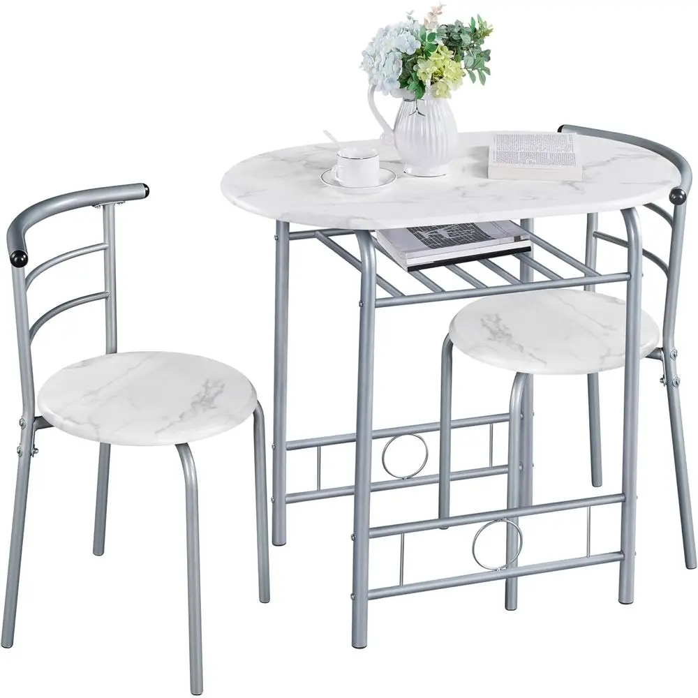 

White 3-Piece Dining Set for Small Spaces: Breakfast Table with 2 Chairs and Metal Storage Rack
