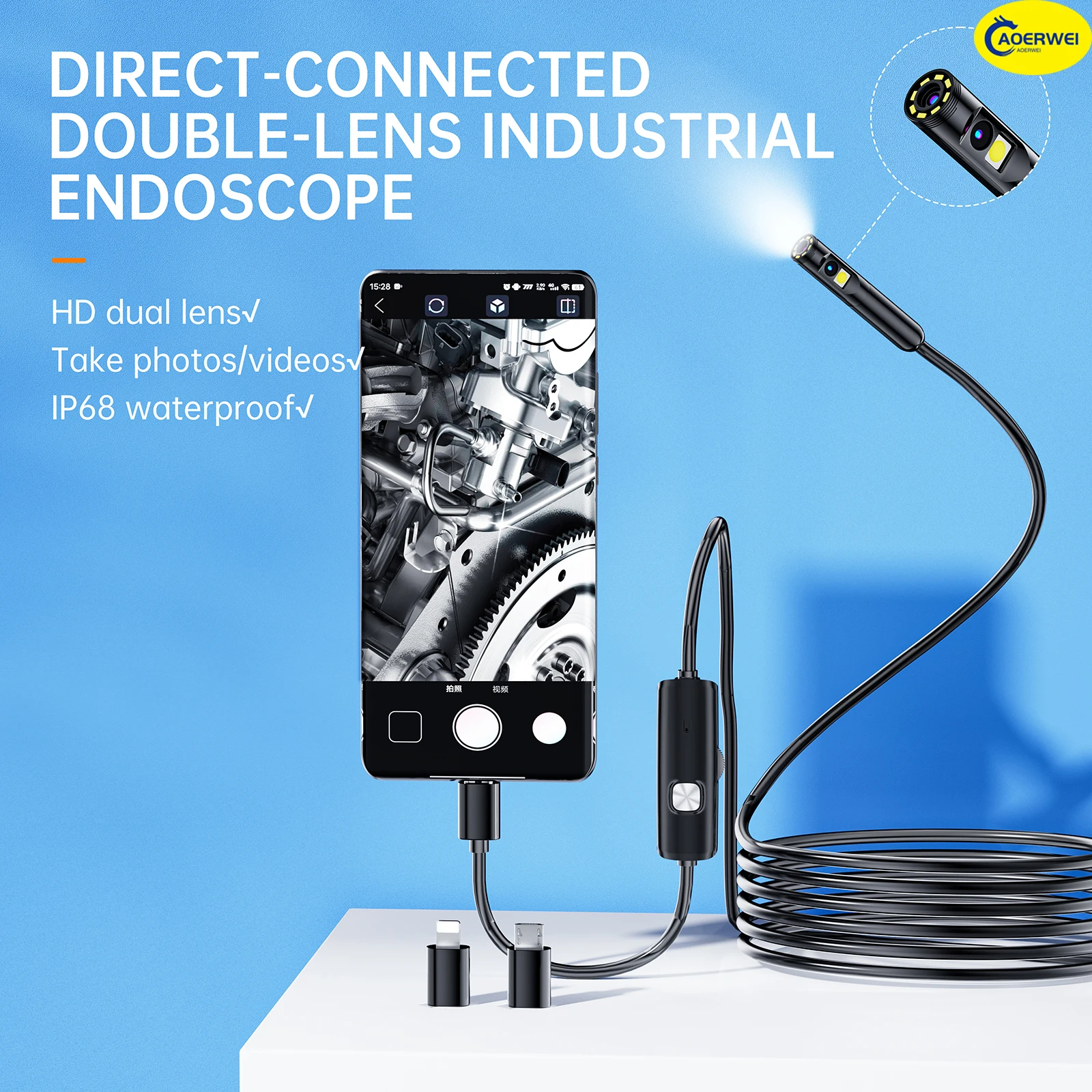 Newest Three-in-one Dual-lens 8mm Industrial Endoscope Camera 1920p 4k For Android For Ios Waterproof Otg Camera Type c Full Hd