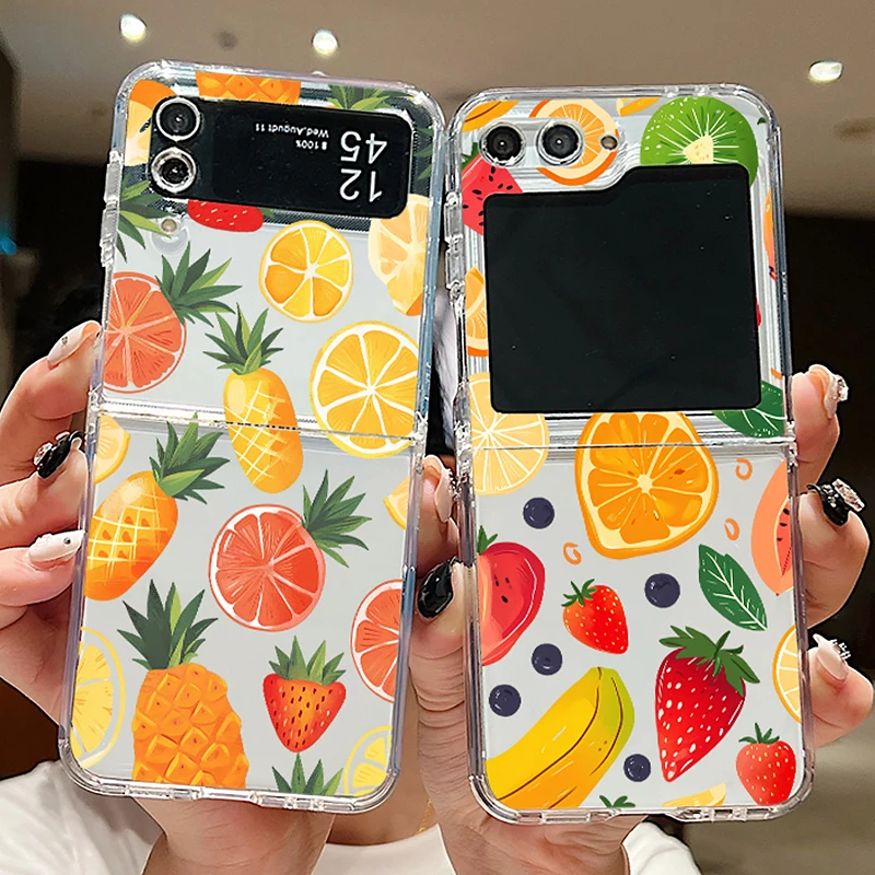 Cute Fruit Print Phone Case For Samsung Galaxy Z Flip 6 5 4 3 Flip6 Flip5 Flip4 Metal Buckle Clear Folding Soft Silicone Cover