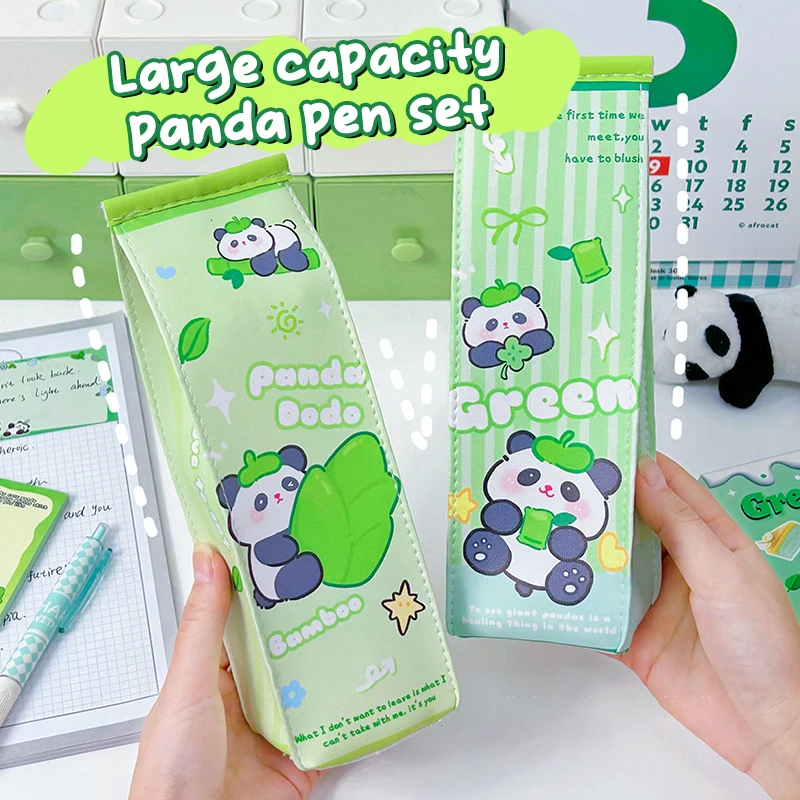 Bonita bolsa de Panda para bolígrafos, estuche de lápices de cartón de leche, bolsa de cosméticos de PU, caja de almacenamiento de lápiz labial, contenedor organizador de papelería