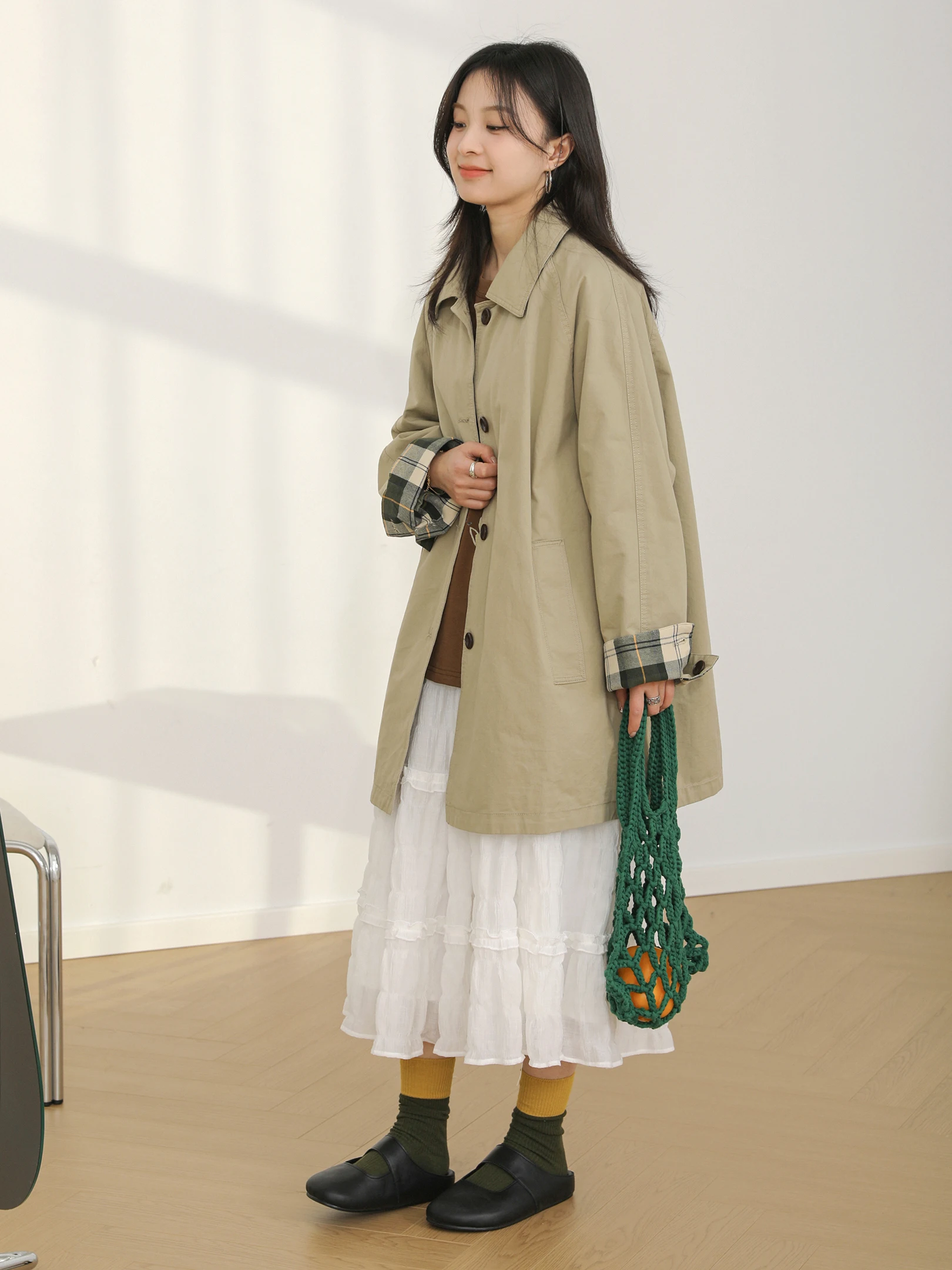 

Sanmu Social 2026 Spring Vintage Loose Small Size Trench Coat Plaid Pure Cotton Casual Jacket Splicing Outerwear Coat