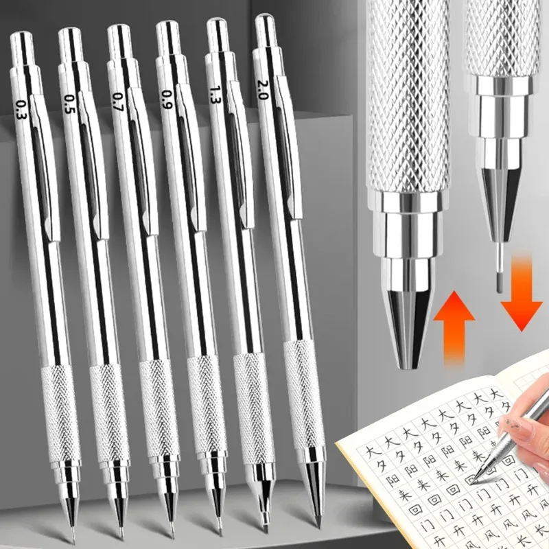 Metal Mechanical Pencil 0.3/0.5/0.7/0.9/1.3/2.0mm Drawing Automatic HB Pencil Leads Set School Office Writing Art Stationery