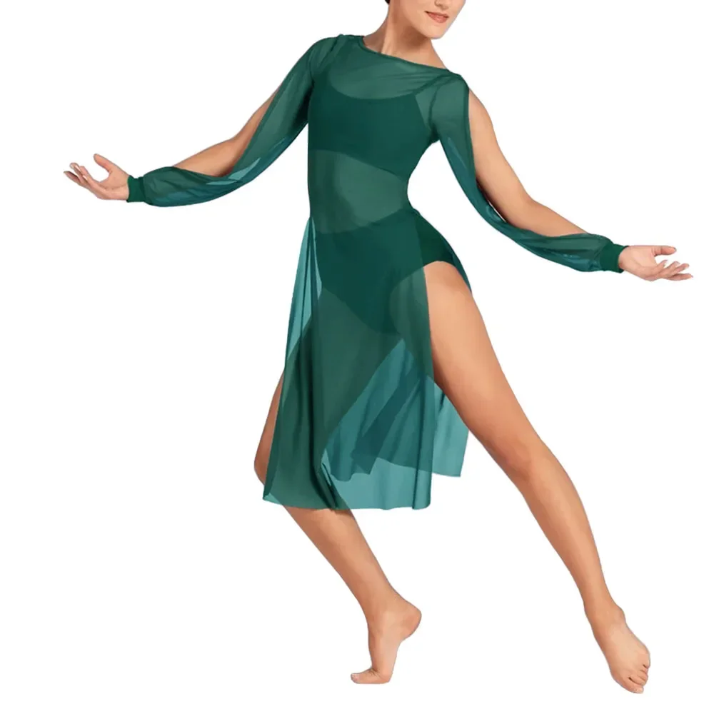 MiDee Mesh Puff Sleeve Dress Women Sexy See-through Boat Neck High Split Skirt Girls Modern Ballet Belly Dance Stage Costume