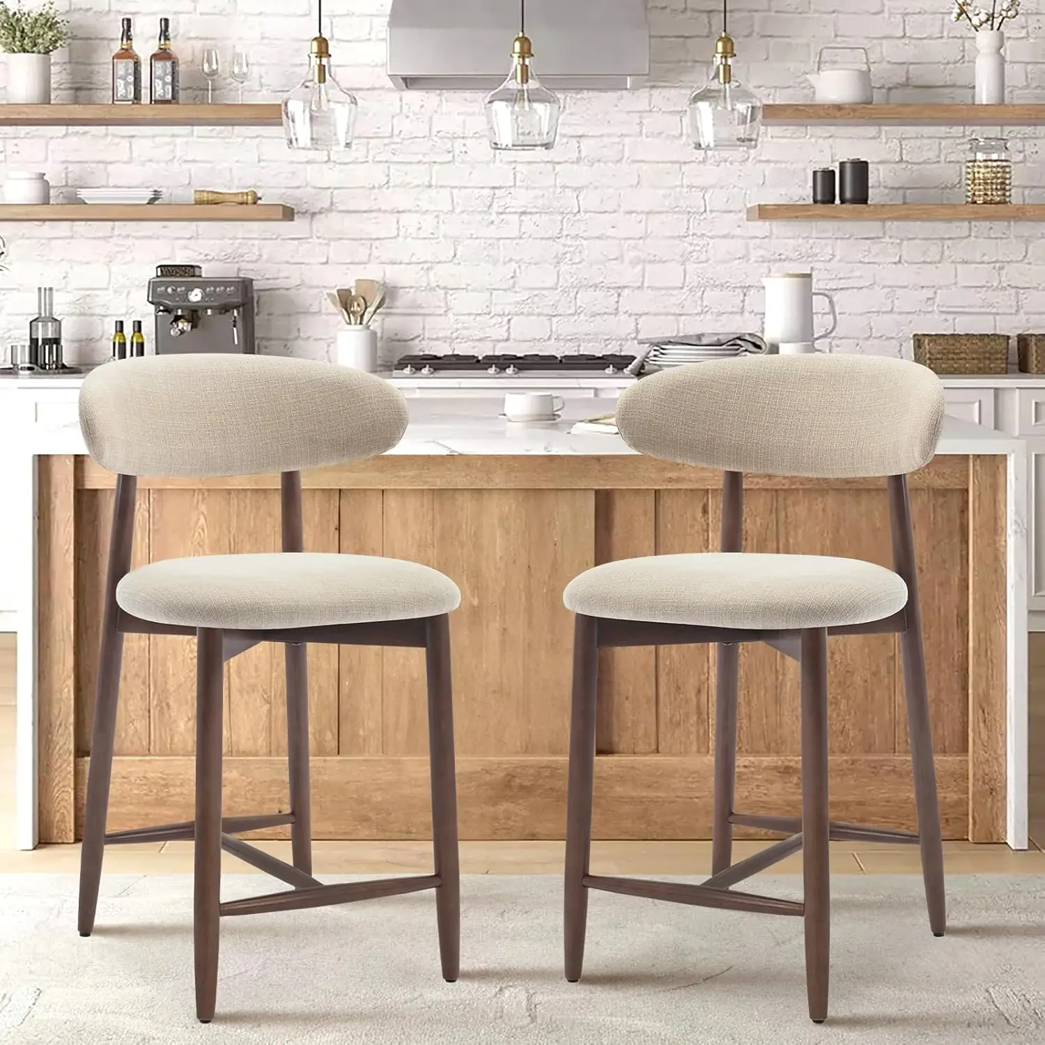 

Counter Height Bar Stools Set of 2, Kitchen Bar Stools with Back, Mid Century Modern Upholstered, with Wood Legs for Ki