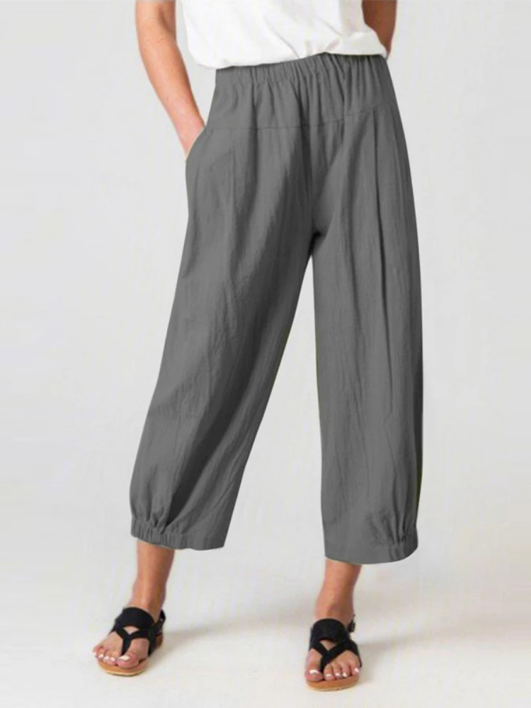 

Women's Cotton Ankle-Length Pants Casual Loose Oversize Work Trousers Woman Solid Color Elastic Waist Pant Fashion Harem Pants