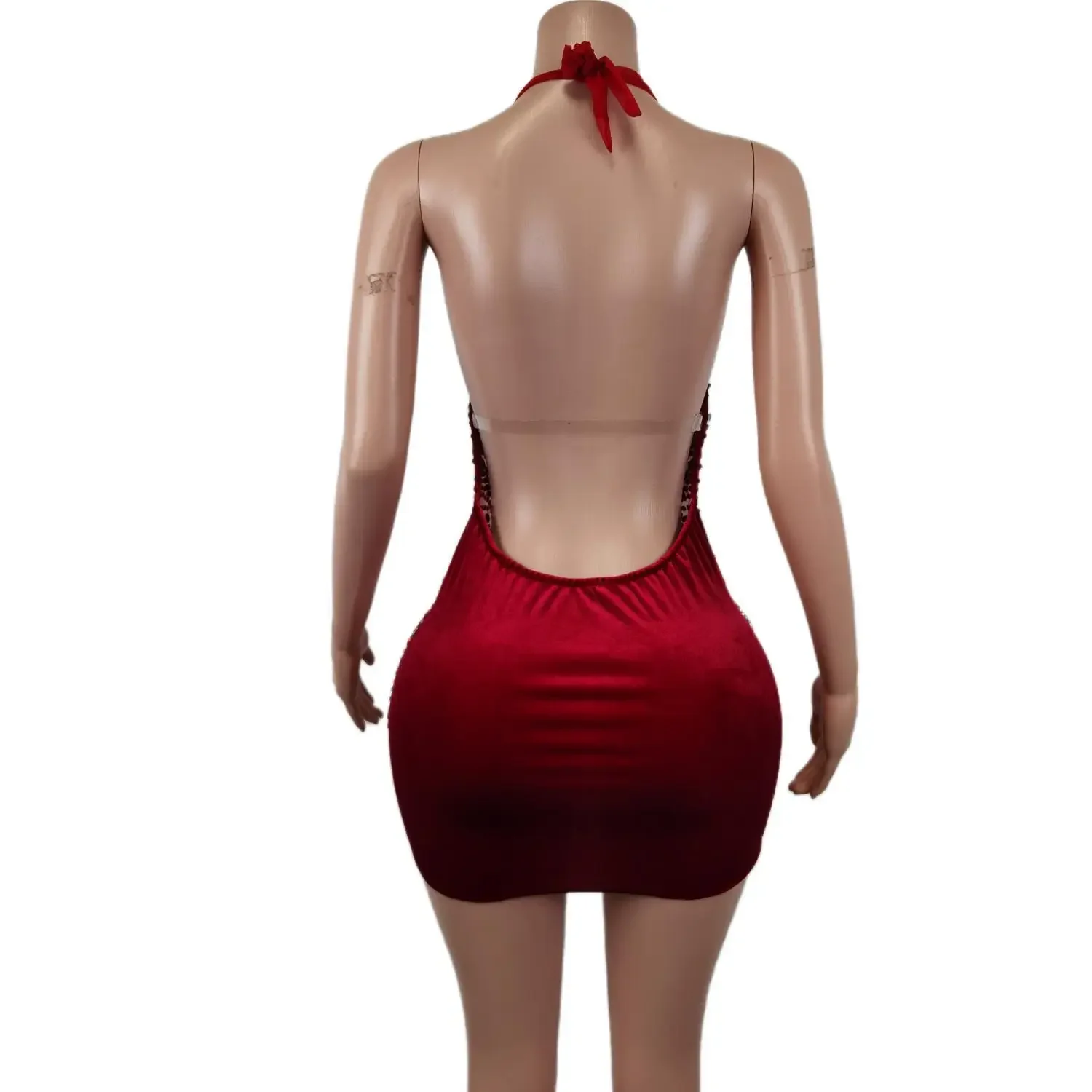 Fashion Red Sleeveless Crystal Rhinestone Birthday Party Mini Dress Women Sexy Night Club Stripper Dance Dress Prom Evening Gown