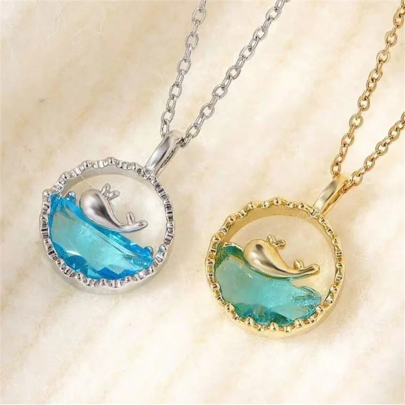 

Fresh Cute Blue Ocean Whale Pendant Necklace For Women Unisex Exquisite Circle Hollow Metal Necklace Vacation Beach Jewelry Gift
