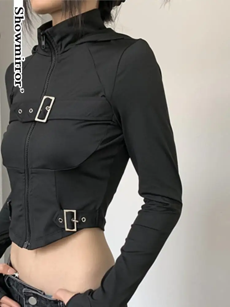 Sporty Techwear Chic Motorcycle cropped top tshirt for women Long Sleeve Slim T-shirt Rock Buckle Streetwear Hoodie 