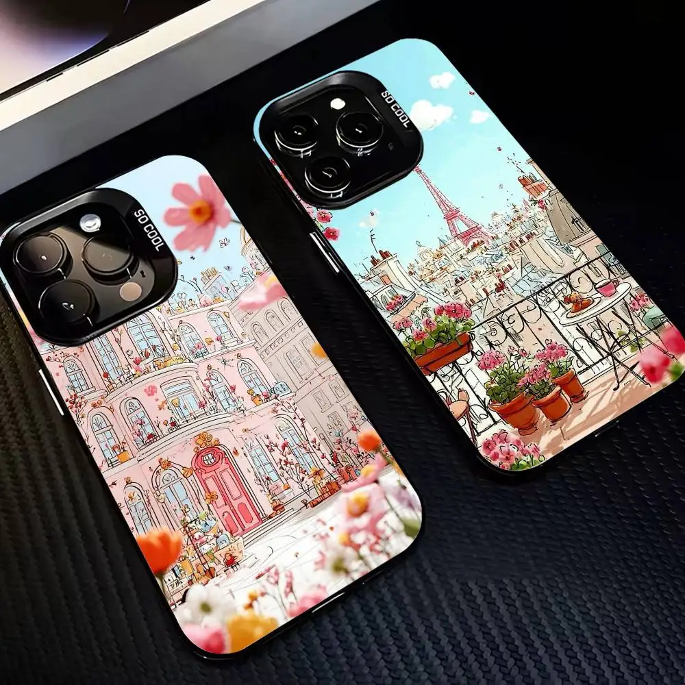 

Pastel Pink Fairy-Tale Scenes Phone Case For iPhone17,16,15,14,13,12,11 Plus,Pro Max Black Border Silver Plated Cover