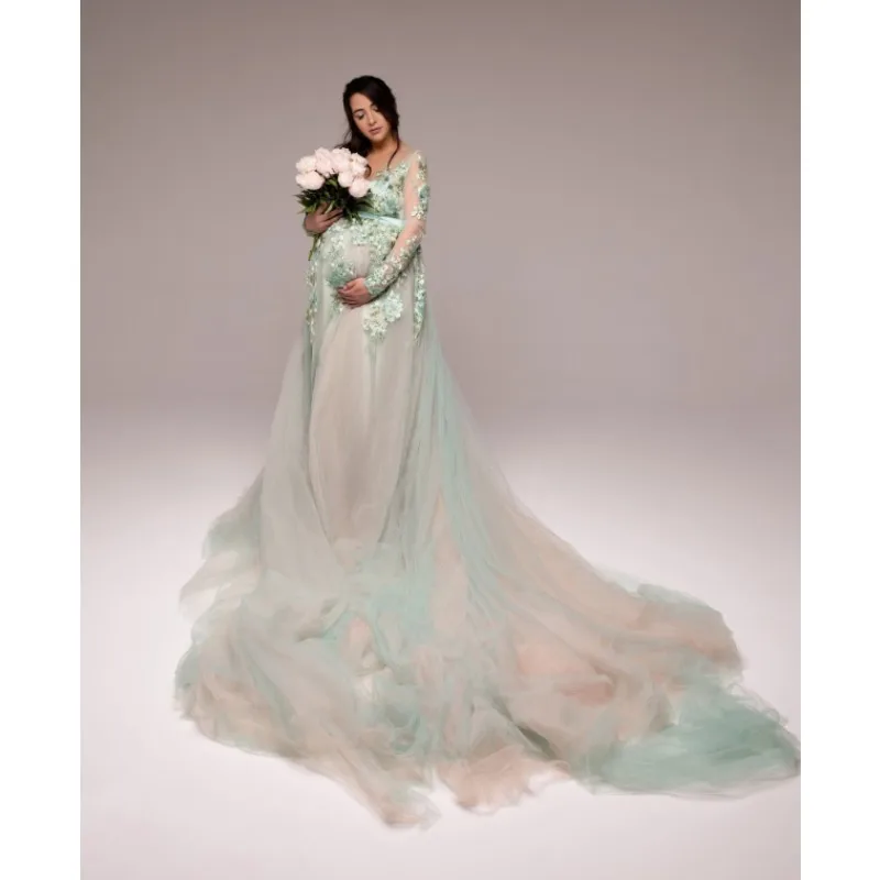 Light Pink green Lace Tulle Maternity Gown – Ruffled Maxi Dress with Train for Photoshoot, Baby Shower & Wedding Guest