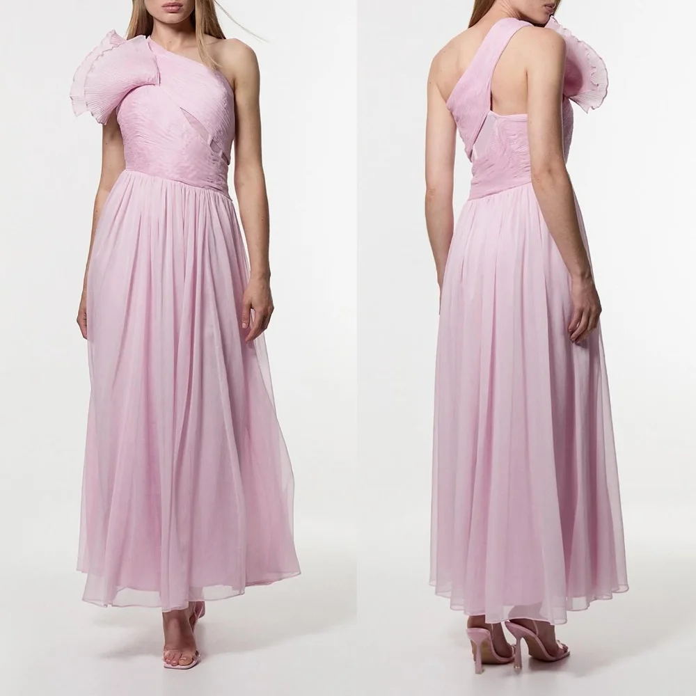 Customized Matching Intricate Chiffon Pleat Ruched A-line One-shoulder Midi Dresses Bespoke Occasion Dresses Sizes Available