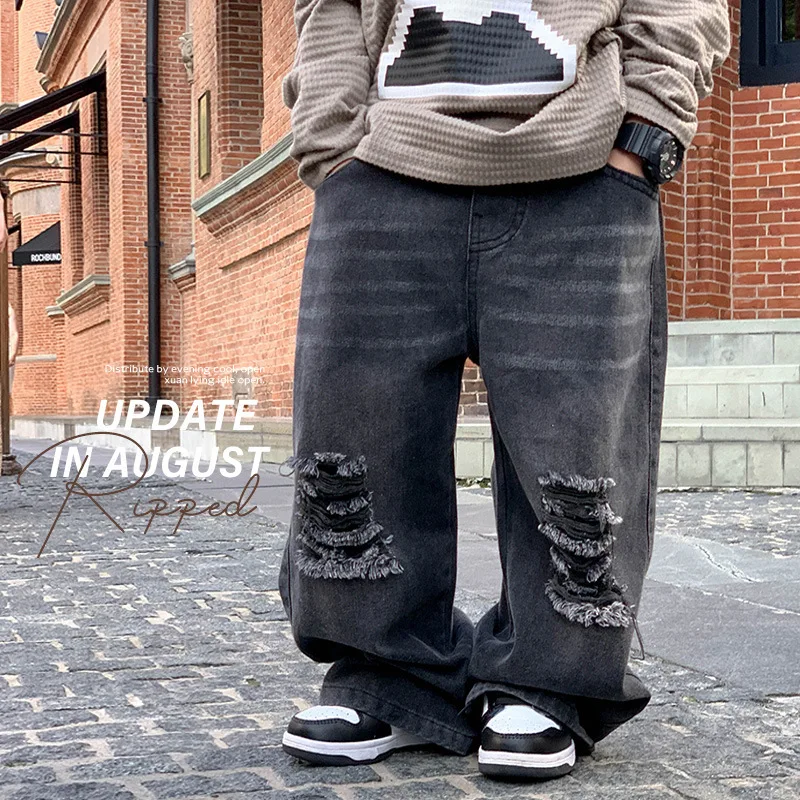 

School Boys Casual Jeans Loose Style Children Denim Pants High Fashion Kids Jeans Trousers 2-8Year Black Boys Ripped Hole Pants