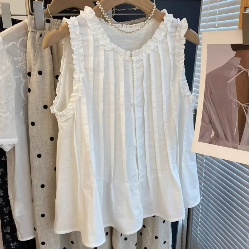 

Summer Women's irt Loose Doll Sle Svel Sweet Wooden Trim Top White Color Commute Sle round Ne Regular Length