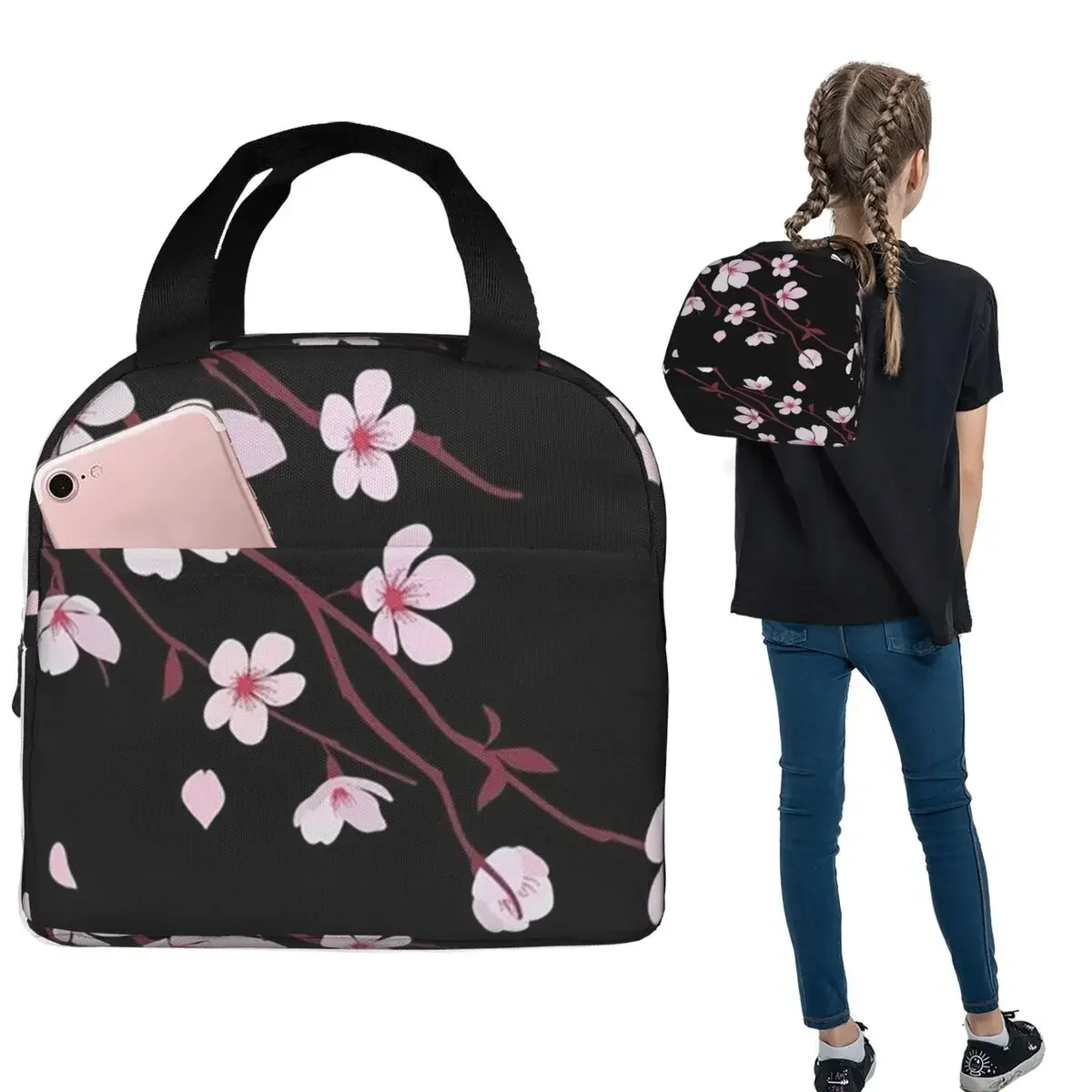 Japanese Sakura Branch Insulated Lunch Bag for Women Children Portable Food Boxes Thermal Lunch Box Tote