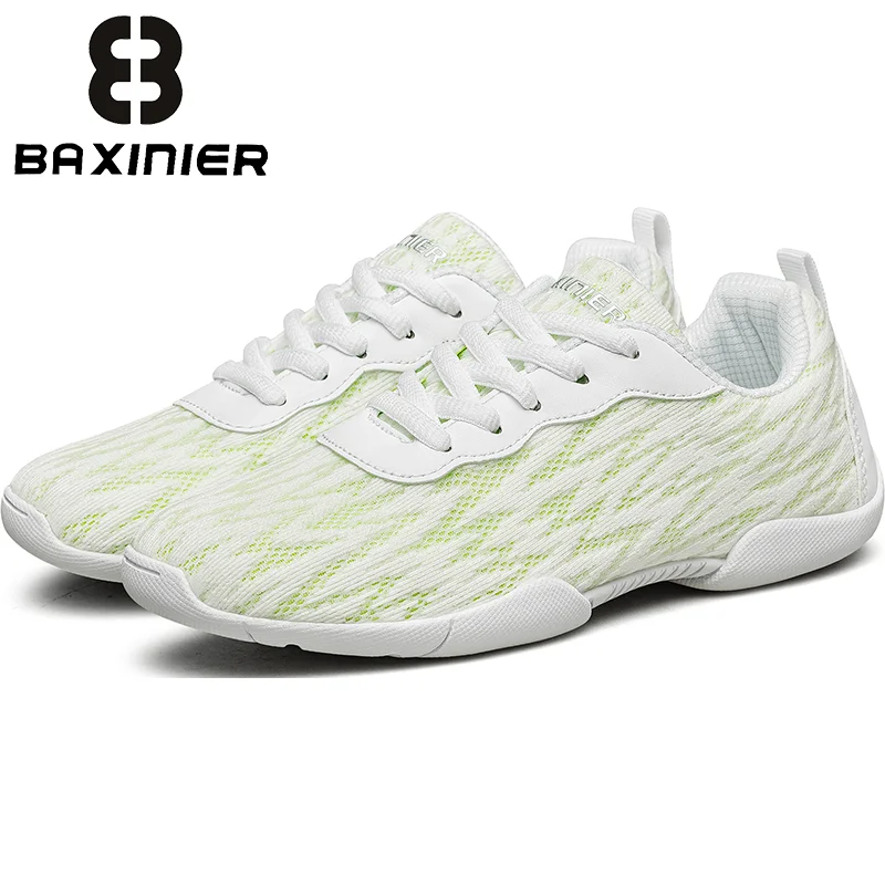 BAXINIER Women's Cheerleading Shoes White Green Gradient Mesh Breathable Athletic Training Sneakers Lightweight Soft Sole Flexible Competition Shoes
