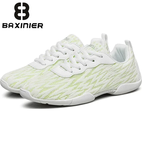 BAXINIER Women's Cheerleading Shoes White Green Gradient Mesh Breathable Athletic Training Sneakers Lightweight Soft Sole Flexible Competition Shoes