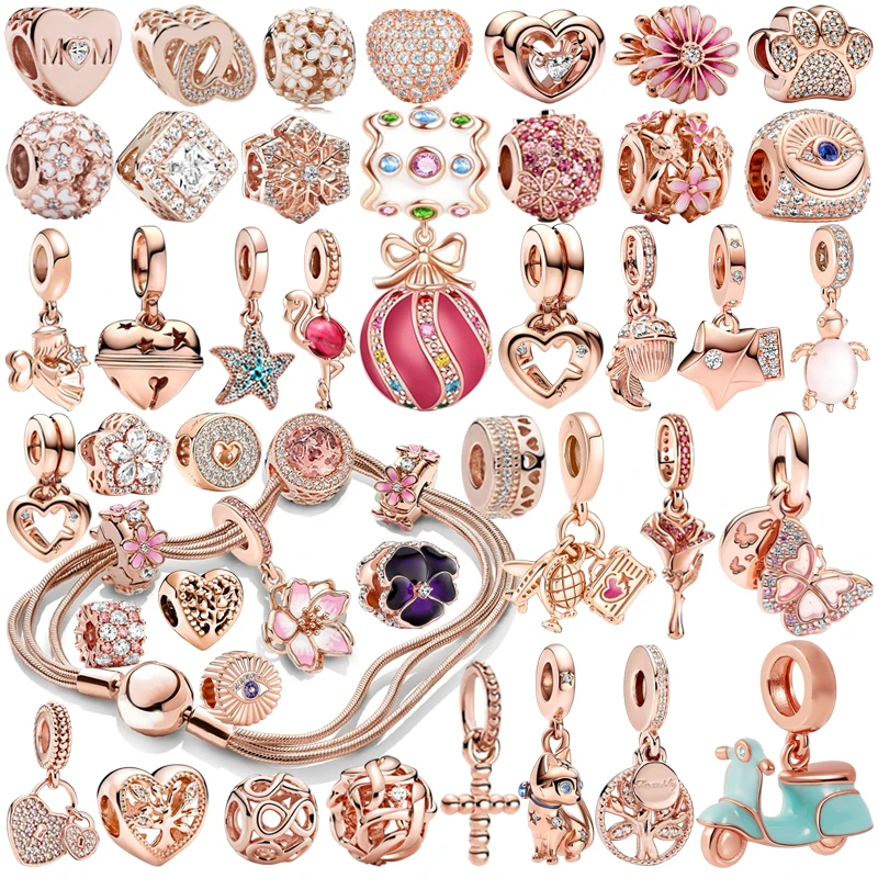 Hot Sale DIY Rose Gold Plating Series Jewelry Gift Flower Butterfly Dangle Heart Charm Bead Fit Original Silver EuropeanBracelet