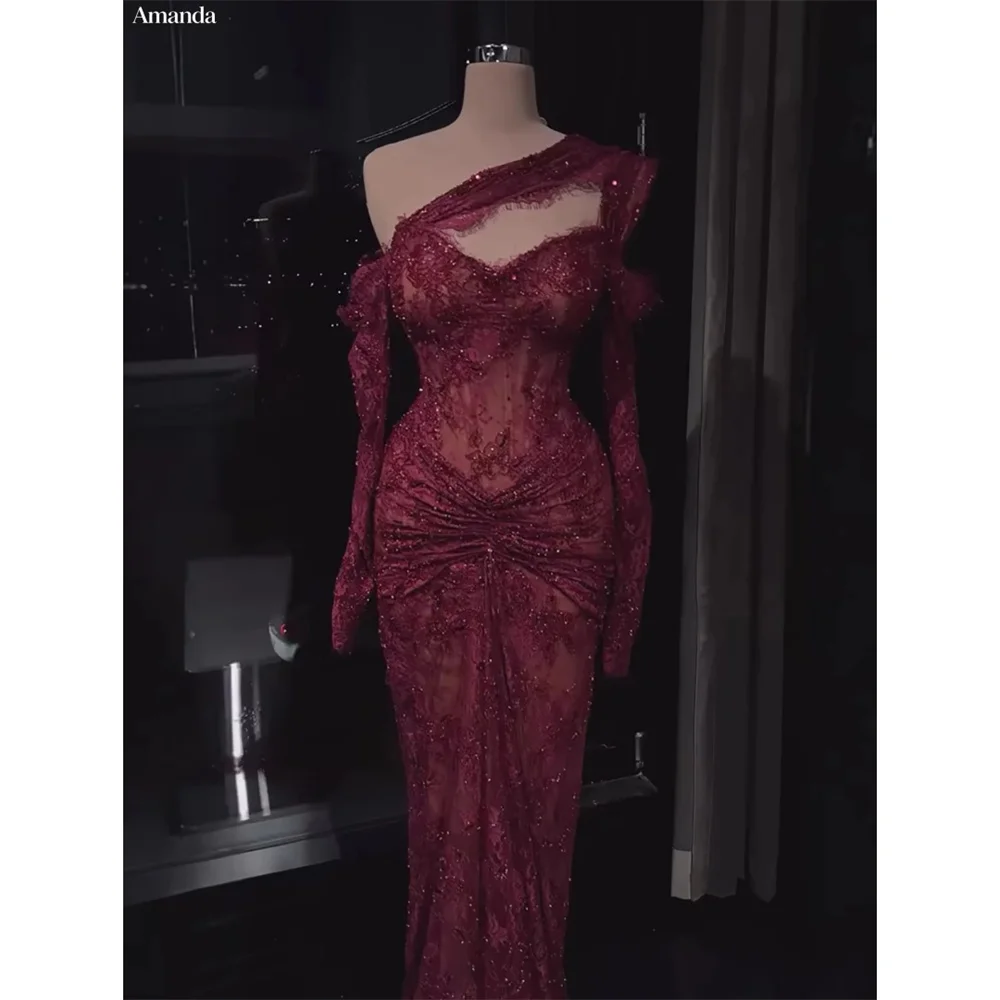 Amanda Customizd One‑shoulder Long sleeve Burgundy Lace Mermaid dresses Prom gowns Beaded Embroidery Rhinestones Evening dresses