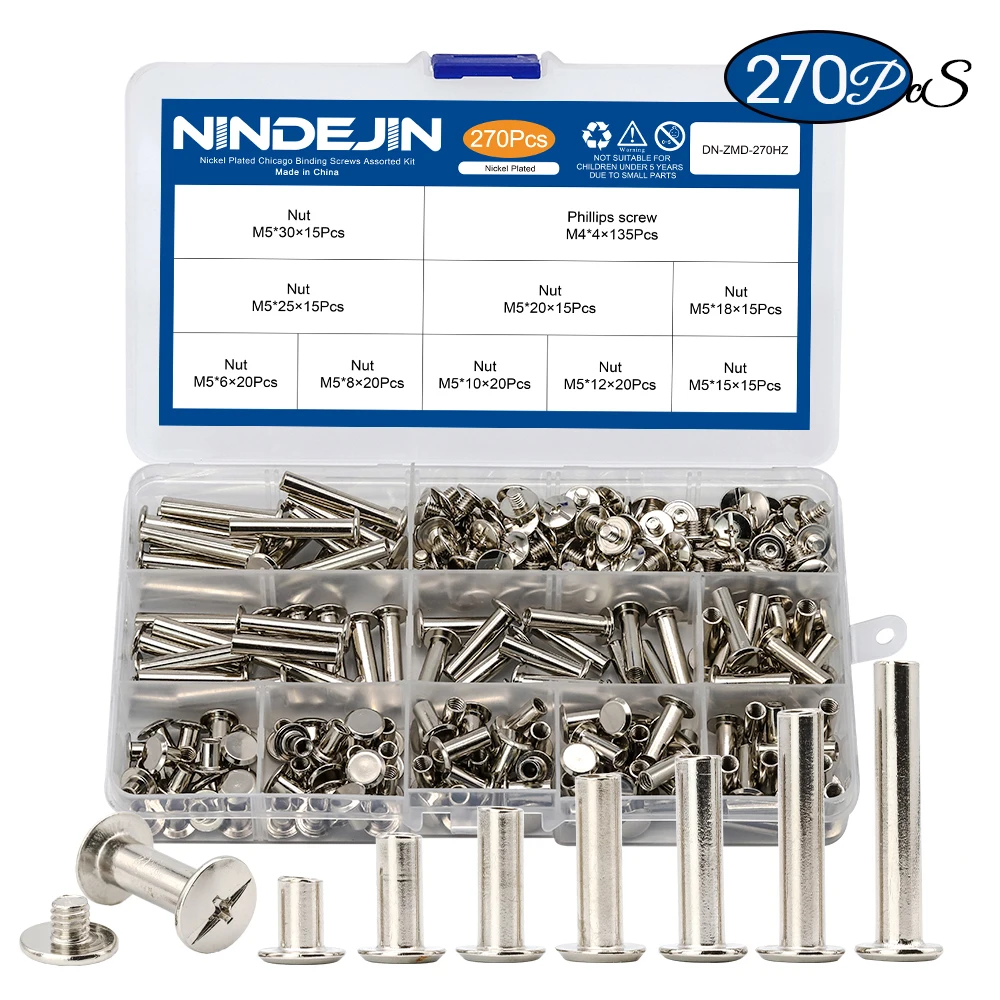 

NINDEJIN 270pcs/set Chicago Binding Screws Assortment Kit Metal Cross Head Stud Screws Rivet for DIY Leather Craft Bookbinding