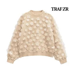 TRAF ZR Cozy Sweaters Sequins Loose Fit Pullovers Y2k Vintage Top Long Sleeve Knitwear Pullovers Women's Autumn Sweater