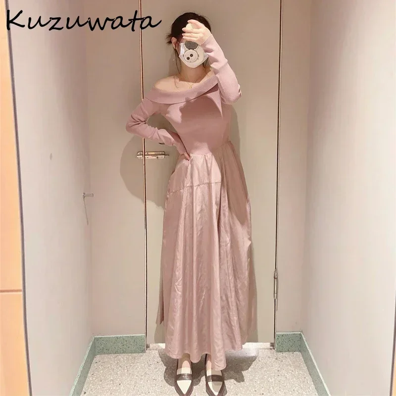 Kuzuwata Slash Neck Long Sleeve Sweet Dress Elegant Slim Fit Patchwork Zip Pullover Vestidos Japan Knit Ball Gown Femme Robe