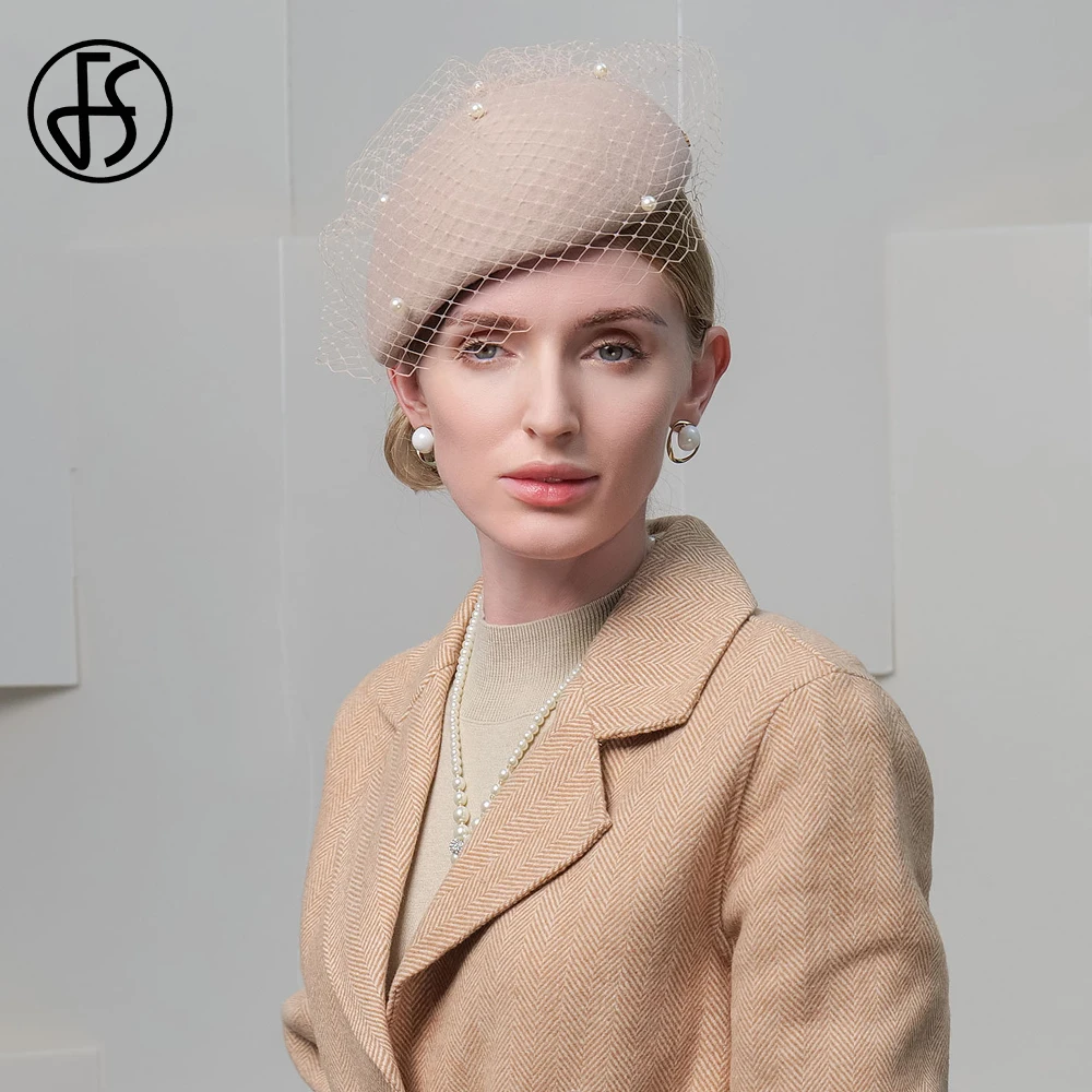 FS Fascinator Wedding Hats For Women Elegant Church Party Wool Felt Cap With Veil Faux Pearls Formal Fedoras Female 2024 Winter