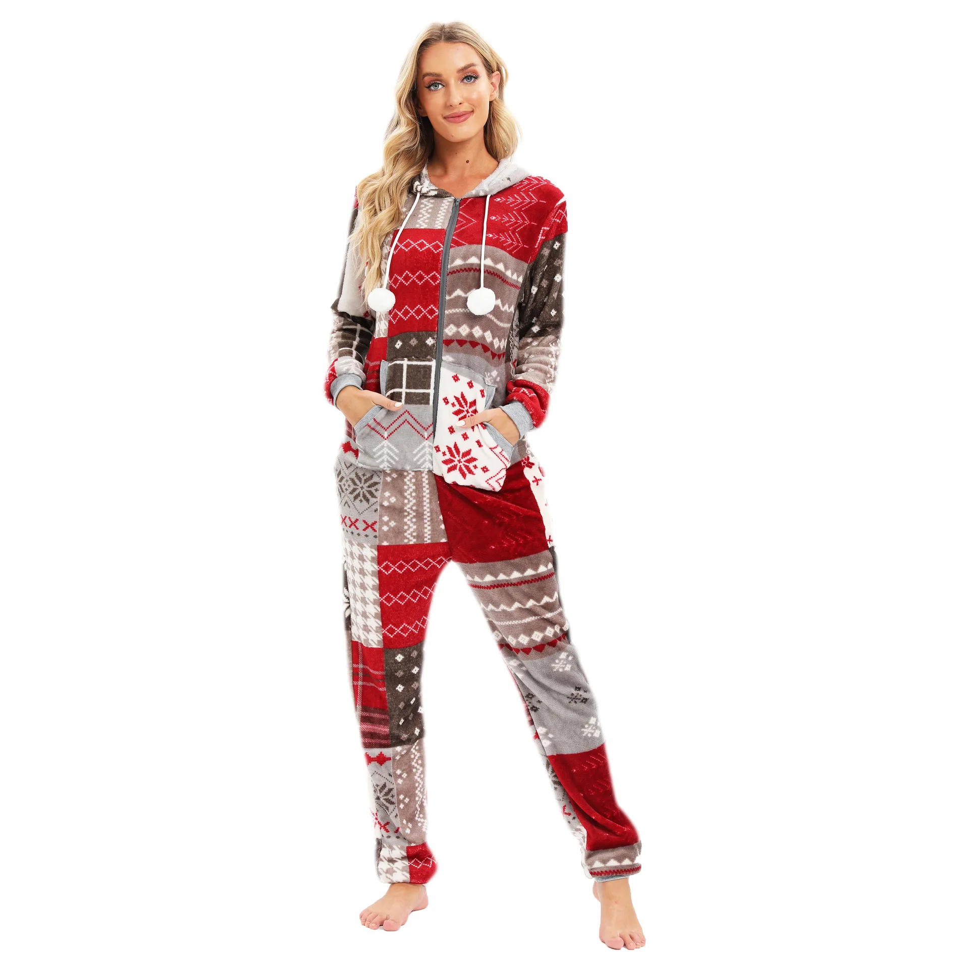 2022 Women Christmas Flannel Plaid Print Pajamas One-Piece Pijamas Adults Cosplay Costume Hooded Onesie