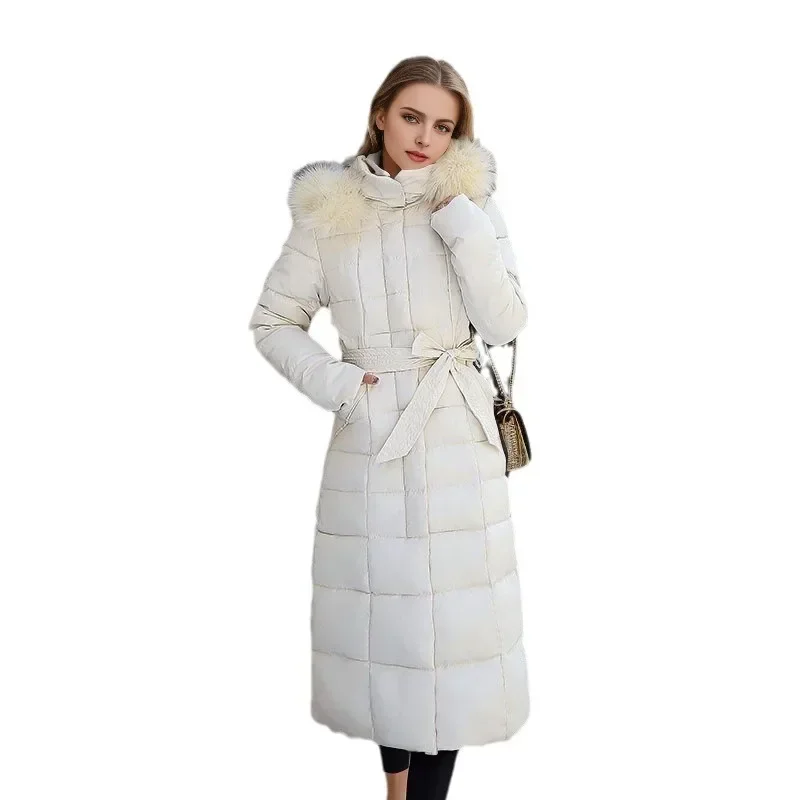 2024 Winter Jacket Female Warm Down Cotton Padded Black Parkas Long Quilted Tops Coat Women\'s With Hood Fur Belt Thick Jackets