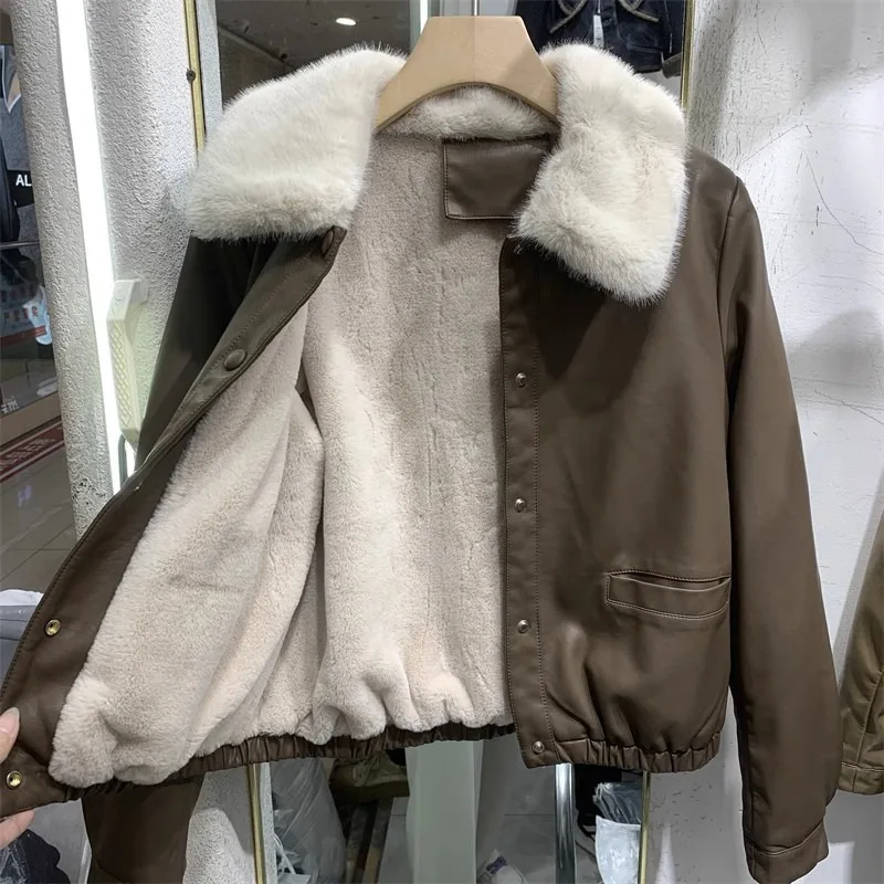 2026 New Women Cropped PU Leather Shearling Coat Fur Collar Snap Button Solid Long Sleeve Pocket Warm Coat Autumn Winter