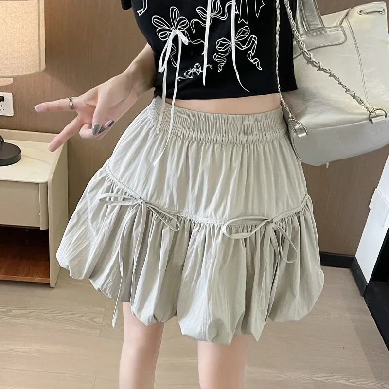 Summer New Bow Pressed Pleated Fluffy Skirt A Word Solid Color Lantern Skirt Half-body Skirt Korean Fashion Streetwear Dresses