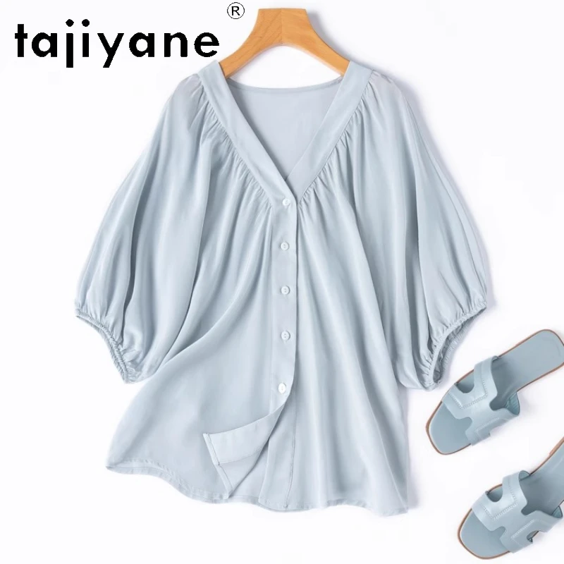 

TAJIYANE 100% Mulberry Silk Blouse Loose Blue Shirt Woman V-neck Lantern Sleeves Summer Tops 2025 Fashion Ladies Clothes Блузка
