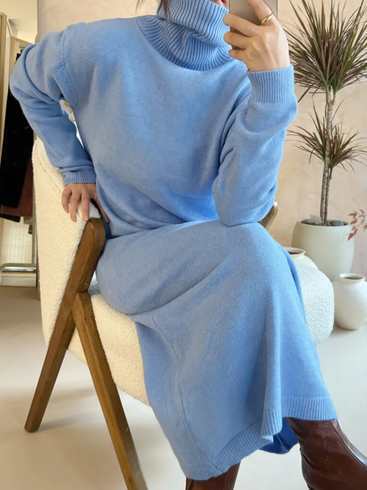 Abiti maglione lungo dolcevita Vintage 2023 autunno inverno Pullover stile coreano da donna elegante abito lavorato a maglia Casual allentato