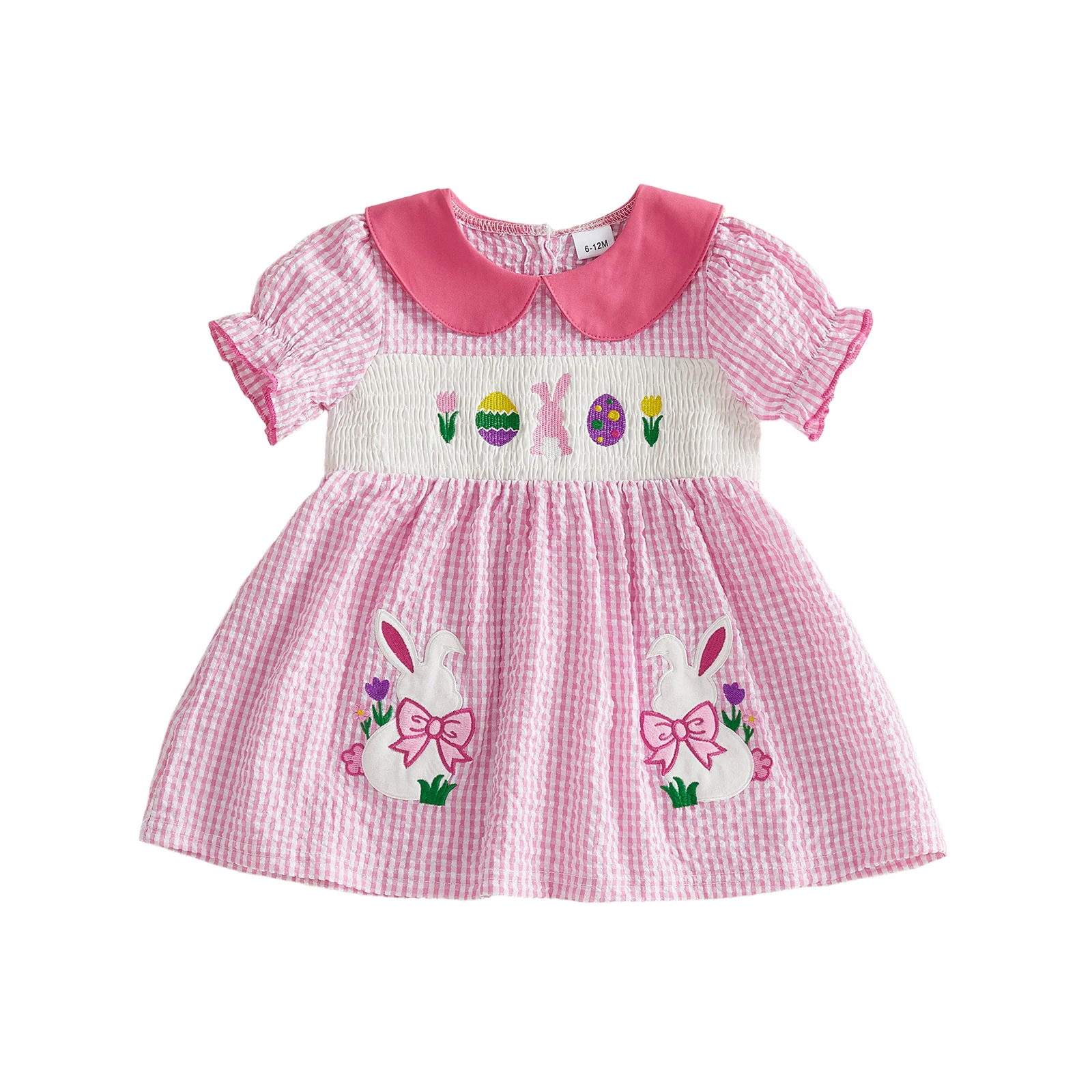 Toddler Baby Girl Easter Dress Casual A Line Embroidered Plaid Doll Collar Bubble Short Sleeve Dress