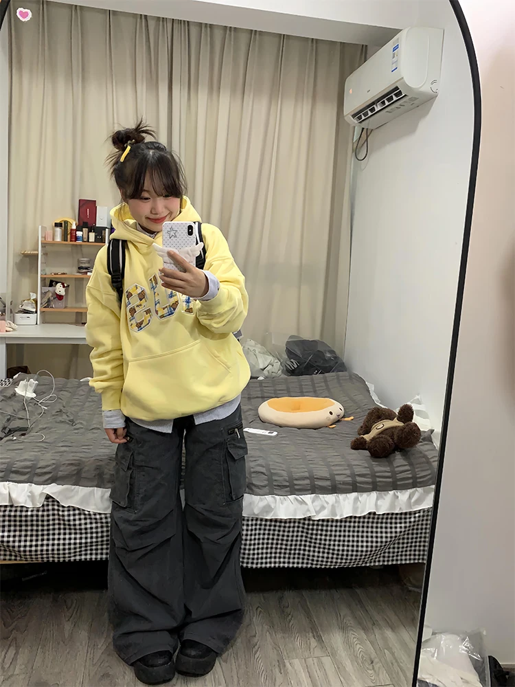 

Американский свитшот с капюшоном в стиле пэчворк и вышивкой, женская осенне-зимняя новая свободная ленивая верхняя одежда на подкладке Fce