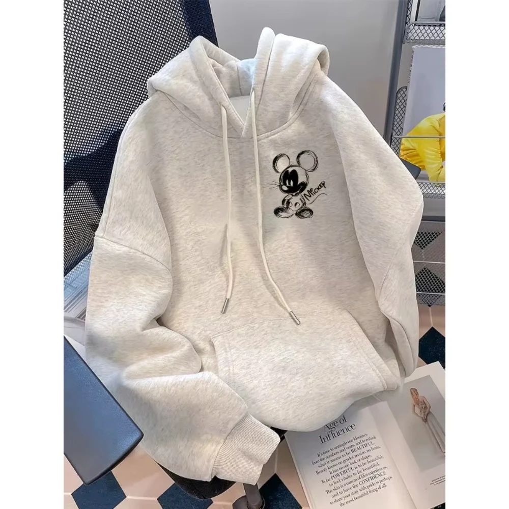เสื้อฮู้ดพิมพ์ลายมิกกี้เมาส์ของดิสนีย์อเมริกันแฟชั่นแบรนด์สำหรับผู้หญิงในฤดูใบไม้ร่วงและฤดูหนาว เสื้อฮู้ดผู้ชายแบบลำลองและทันสมัยรุ่นใหม่