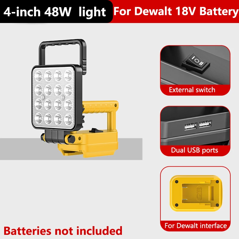 LED-werklantaarn voor Dewalt 18V 20V Li-ion batterij met dubbele USB-poorten Heldere draagbare lamp voor reparatie-aanpassing 3/4/5/8inch