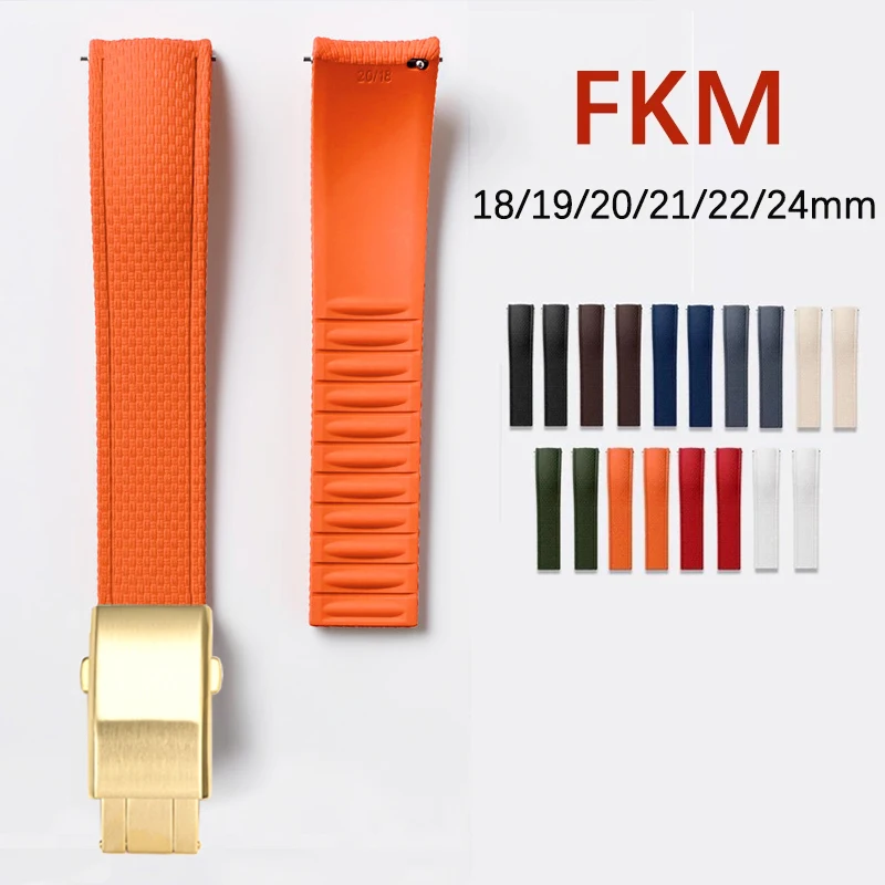 Bracelet de montre en caoutchouc fluoré CTS 18/19/20/21/22/24 mm FKM, extrémités courbées, universel pour homme et femme, bracelet de remplacement, à découper sur mesure