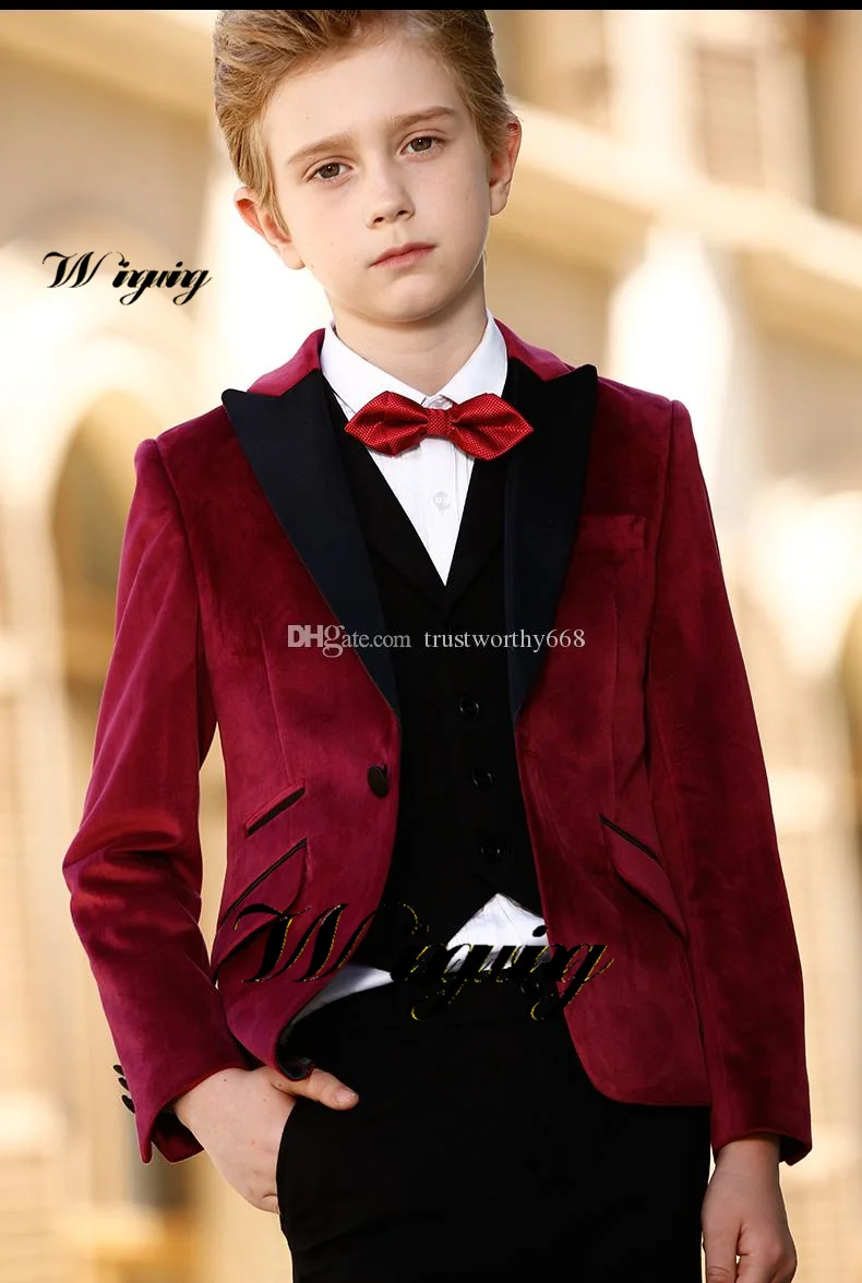 Velvet Boys Suit Three Piece Jacket Vest Pants Bow Tie Wedding Kids Tuxedo High Quality Blazer for Boys