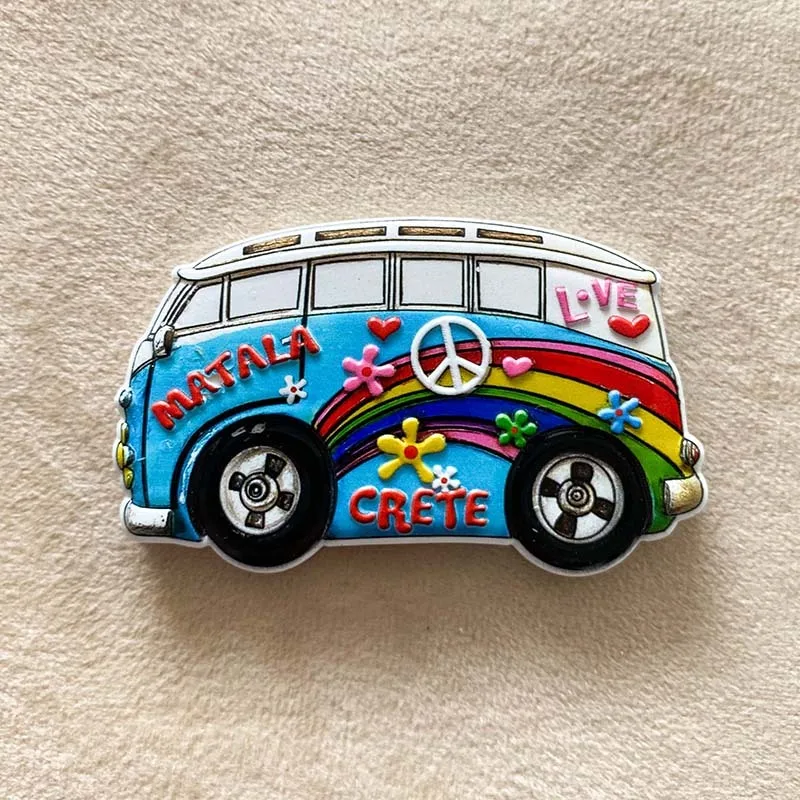 

Crete, Greece, Cute Mini Bus Refrigerator Magnet, Cultural and Creative Home Decoration, 3D Hand drawn Travel Souvenirs