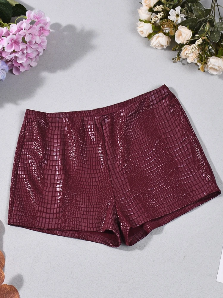 여성용 섹시 PU 가죽 반바지, 패션 솔리드 샤이니 크로커다일 프린트 슬림핏 파티 클럽 핫팬츠, 야간 외출용 Y2K 스타일
