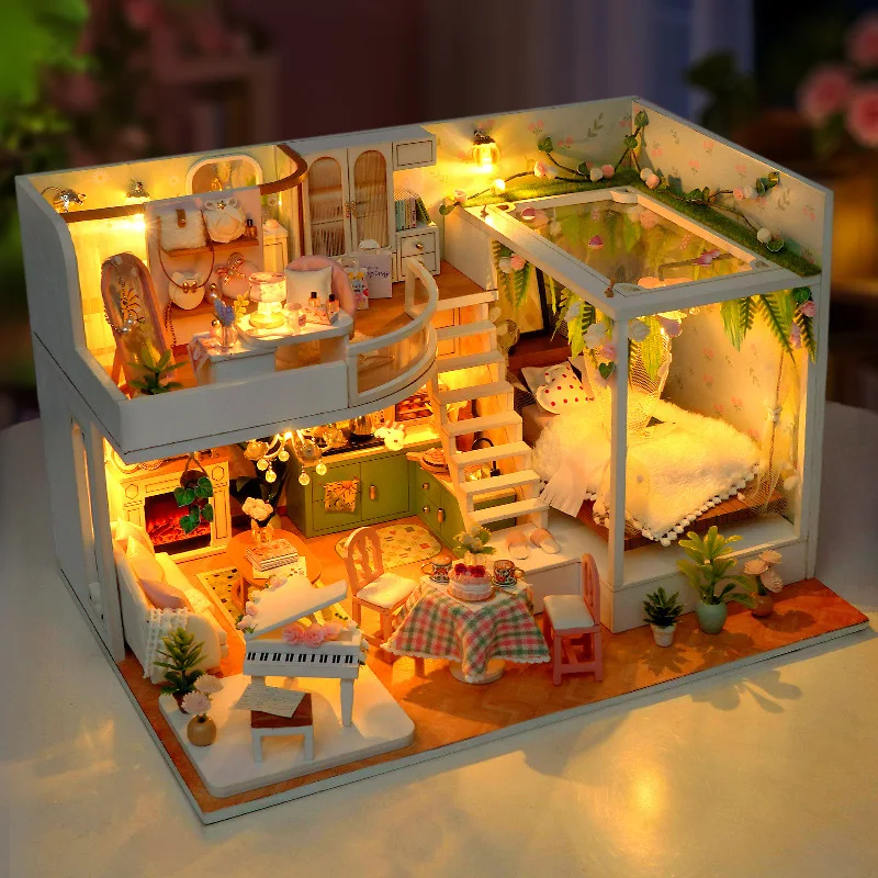 Fai da te moderno Loft Casa Kit modello in miniatura in legno Puzzle 3D Case delle bambole con mobili Casa delle bambole per regali di compleanno degli amici