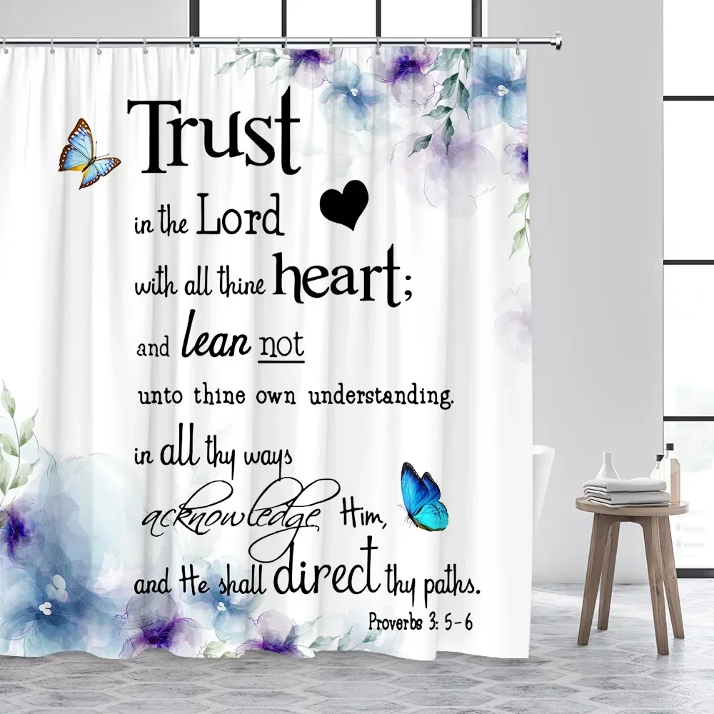

Inspirational Shower Curtains Watercolor Butterfly Flowers Trust in the Lord Quotes Aphorisms Modern Bathroom Curtain Decor Sets