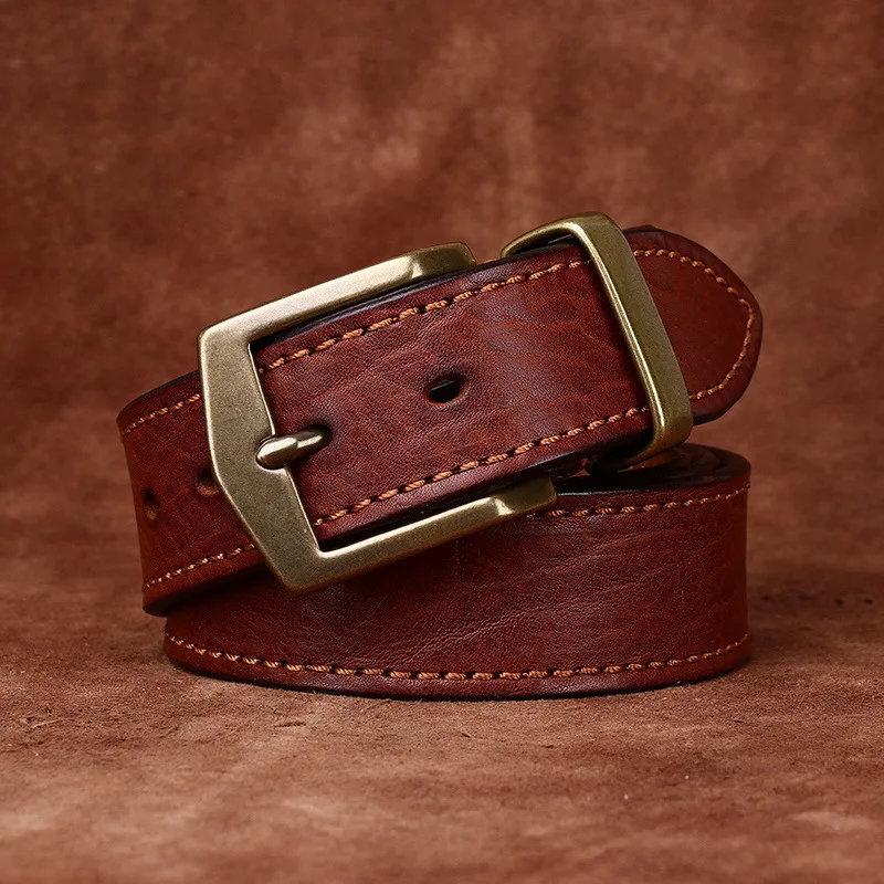 Thickened African bison leather shrunken vintage coarse grain belt men's genuine leather first layer cowhide tree pattern jeans