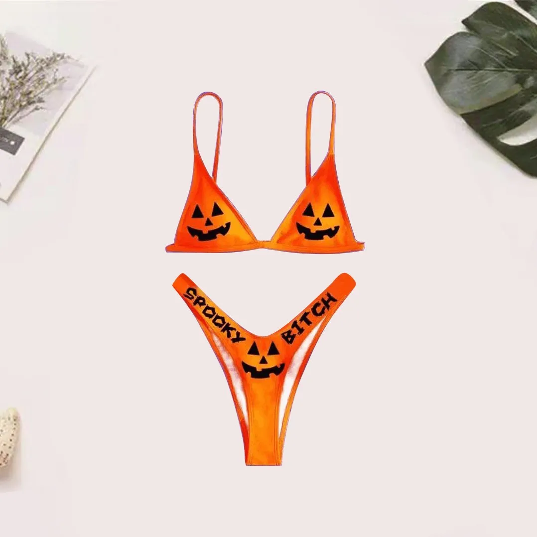 Halloween Pumpkin Print Bikini Set Women Funny Spooky Two Piece Swimwear Sexy Triangle Bathing Suit Beach Party Swimsuit