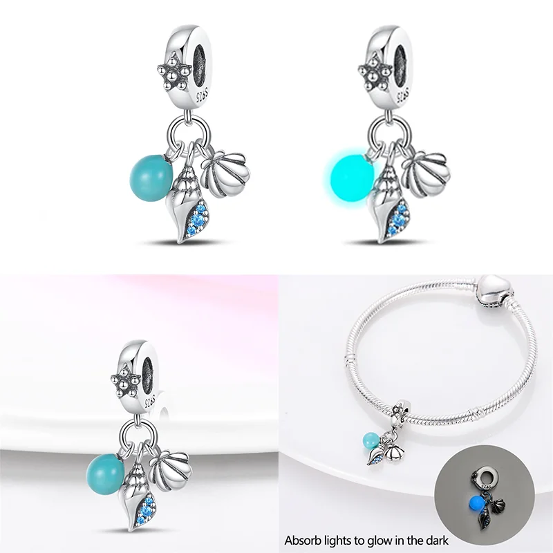 Contas luminosas para Pandora Pulseira Original, 925 Sterling Silver, Estrelas, Firefly, Peixe, Glow Series, DIY, Fine Jewelry Gift